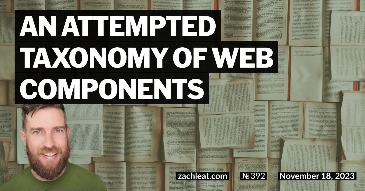 Обложка статьи 'An Attempted Taxonomy of Web Components' Зака Лезермана. На фоне много раскрытых книг, поверх которых название статьи, фото Зака, zachleat.com, №392, November 18, 2023.