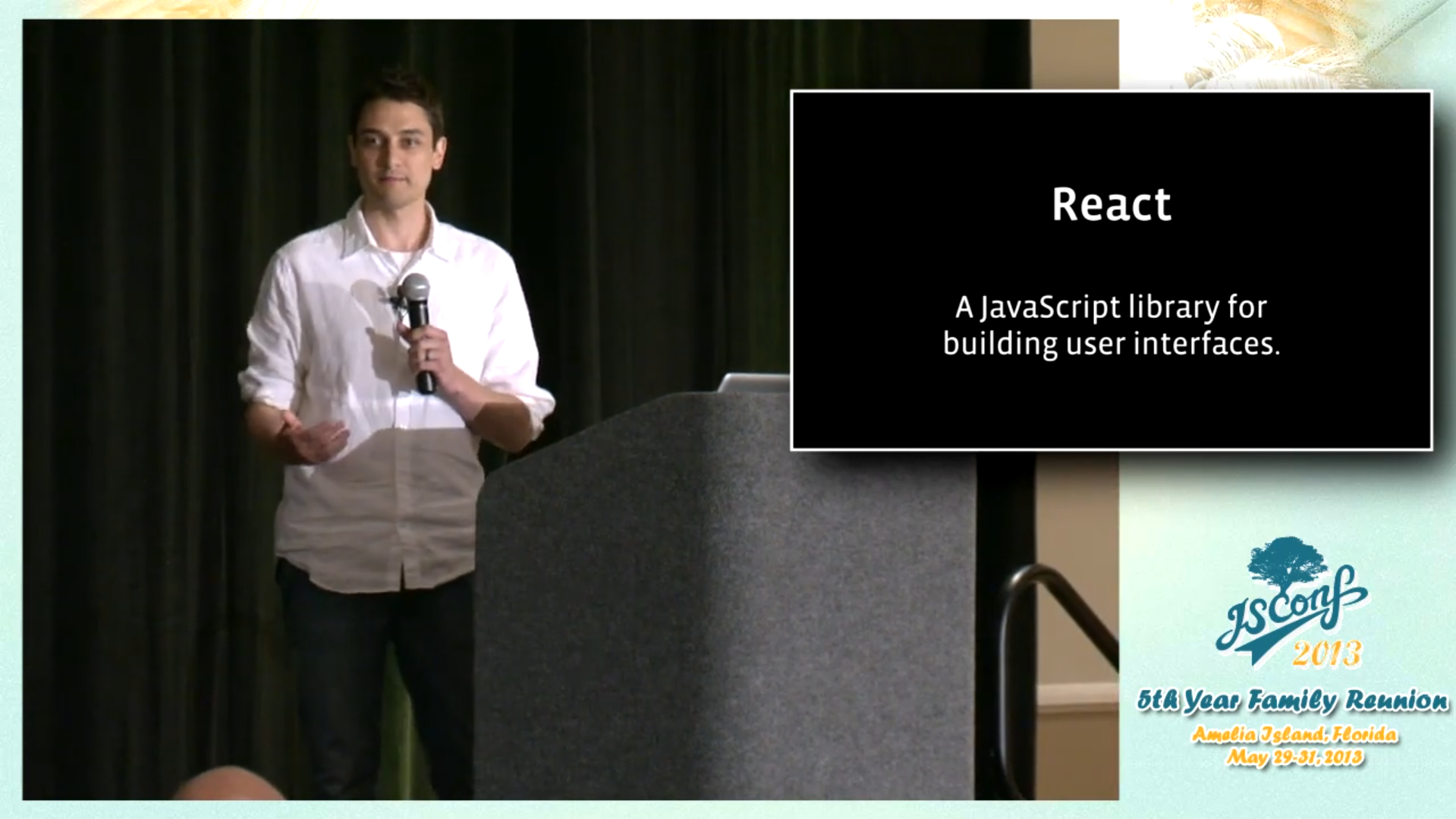 Скриншот записи доклада с JSConf 2013. Джордан Уок презентует React и рассказывает о его технических особенностях.