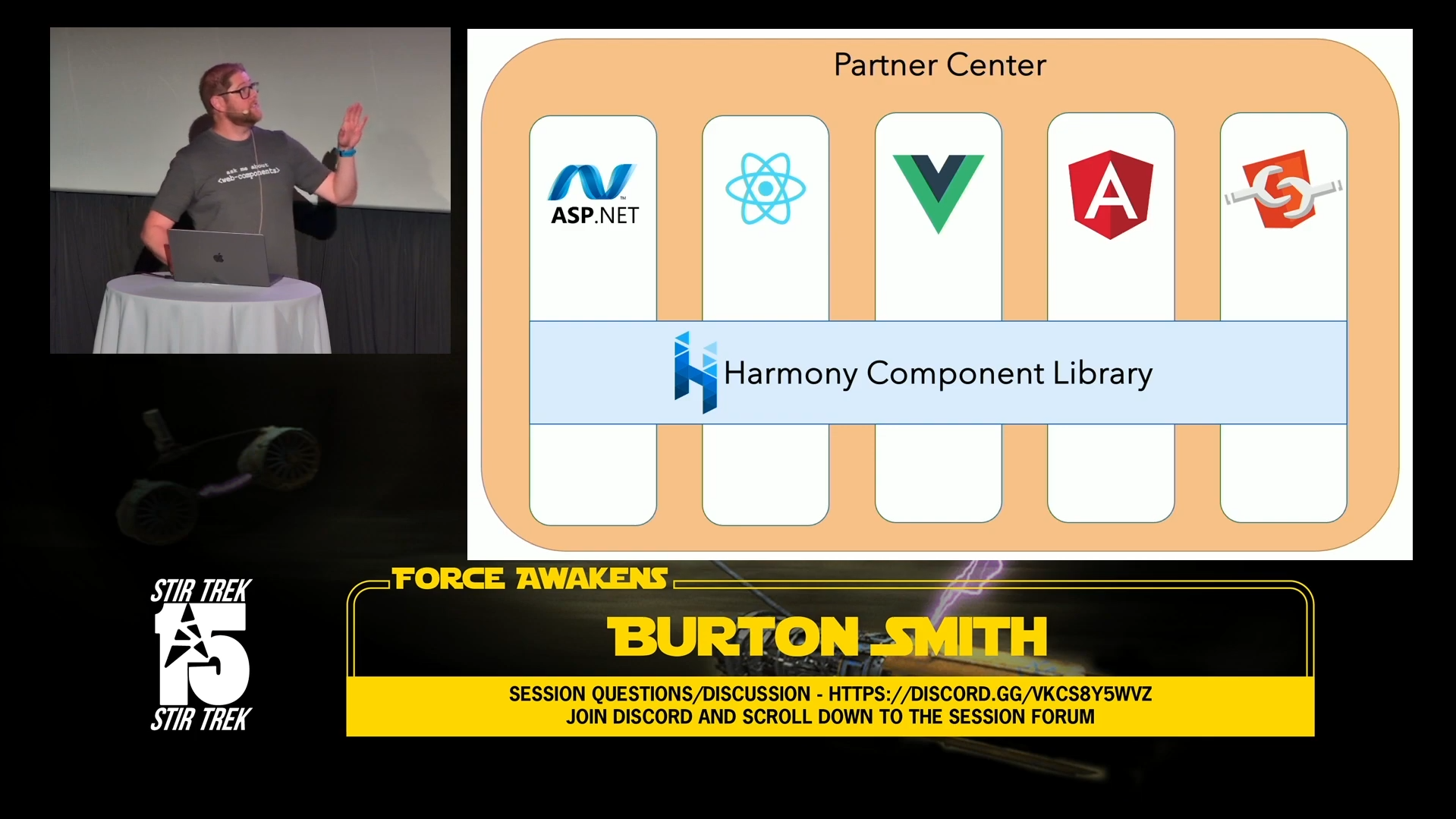 Скриншот записи доклада с конференции Stir Trek 2024. Бартон Смит из Microsoft рассказывает об устройстве Microsoft Partner Center. На слайде схема в виде пяти столбцов, которые иллюстрируют рпзличные используемые технологии: ASP DOT NET, React, Vue, Angular и Web Components. Каждый столбец пересекает строка с надписью Harmony Component Library, что иллюстрирует совместимость библиотеки компонентов с каждой используемой технологией.