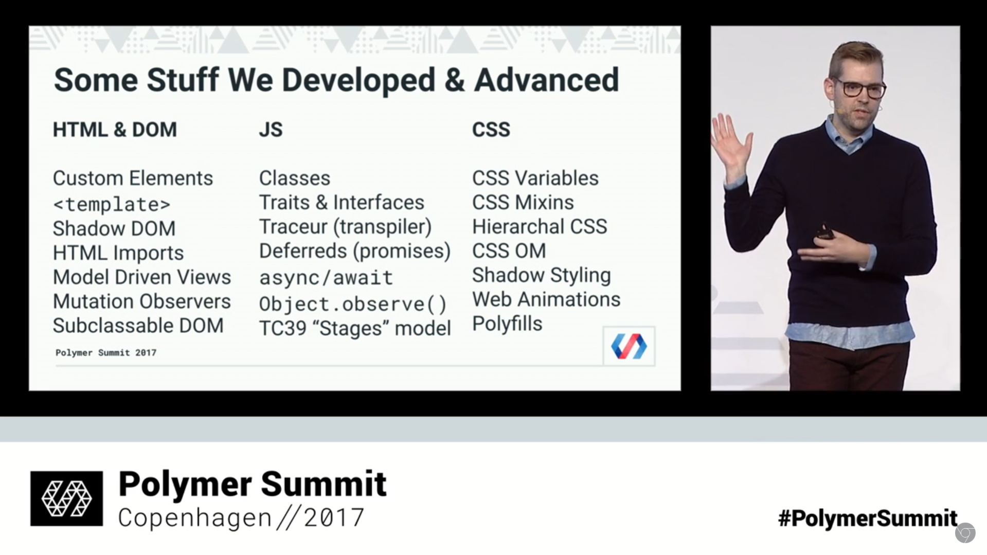 Скриншот записи доклада с Polymer Summit 2017. Алекс Рассел рассказывает о внедрённых в браузеры технологиях в рамках проекта 'паркур'. На слайде перечислен список функций: Custom Element, template, Shadow DOM, HTML Imports, Model Driven Views, Mutation Observer, Subclassable DOM, Classes, Traits & Interfaces, Traceur (transpiler), Deferreds (promises), async/await, Object.observe(), TC39 Stages model, CSS Variables, CSS Mixins, Hierarchal CSS, CSS OM, Shadow Styling, Web Animations, Polyfills.